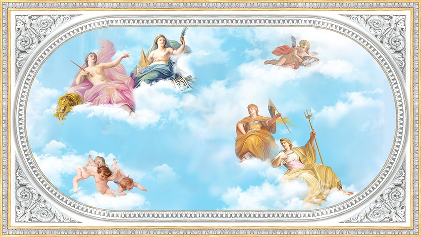 античность, небо, библейская тематика, ангелы, архангелы, узор, орнамент, потолок, потолочные, серые, голубые